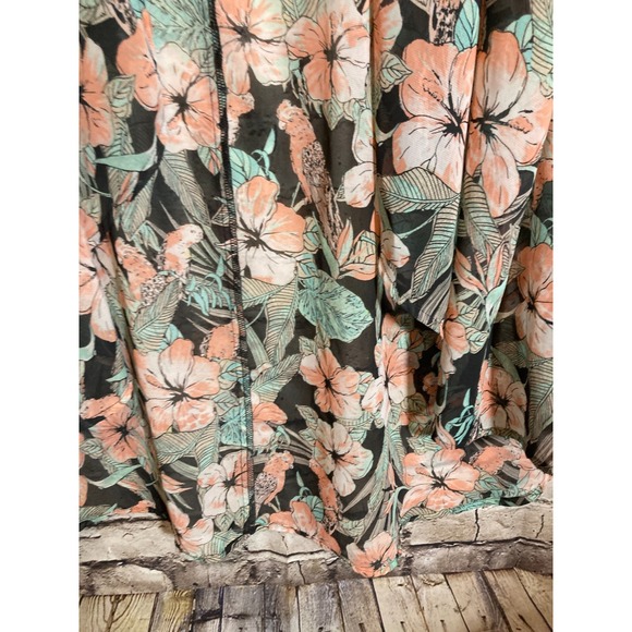 Mudd Kimono Top Womens Large Black Pink Tropical Floral Open Front Long Line - Picture 5 of 12